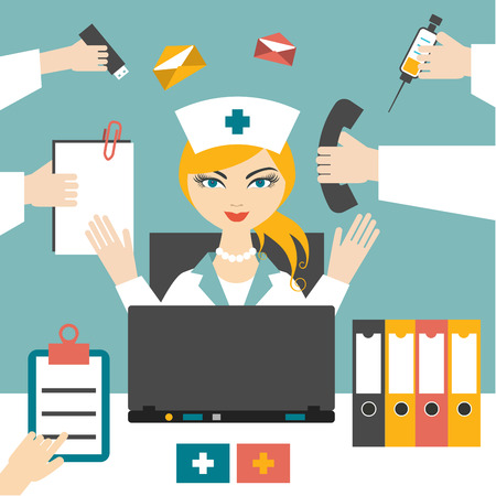 41708555 - multitasking woman nurse working hard. busy medical woman. flat design.